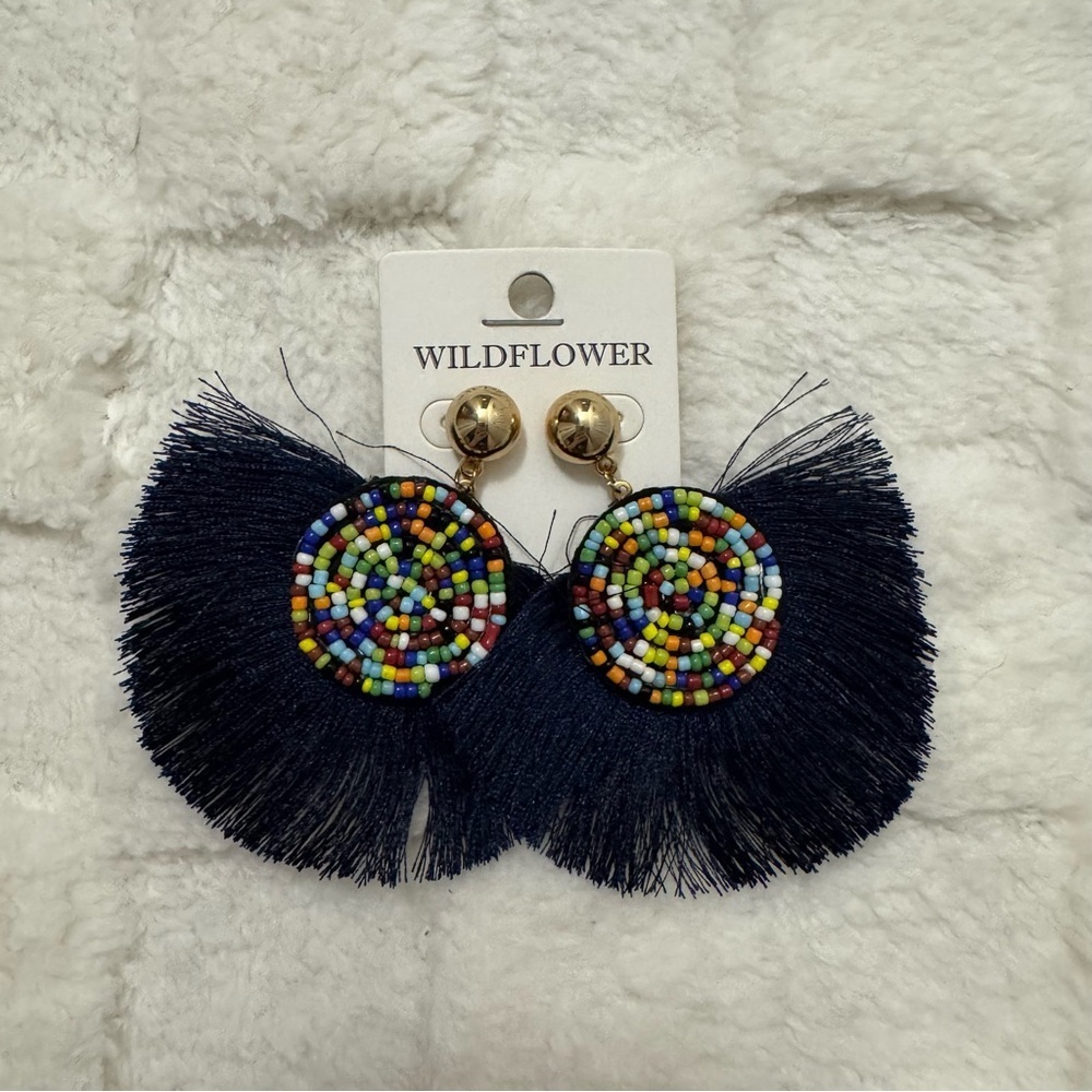 Bohemian Multicolor Beaded Tassel Earrings, Statement Fringe, Navy Blue Fan